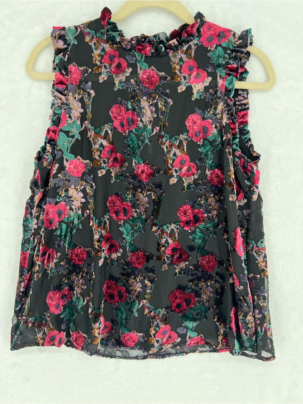 Dalia Black Velvet Burnout Sleeveless Top Sz S Grunge Whimsigoth Lined Roses